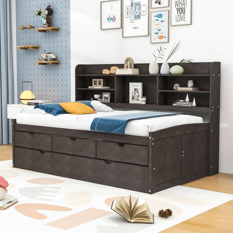 Twin Size 3 Drawers Wooden Captain Bed with Storage Shelves and Trundle Antique Natural